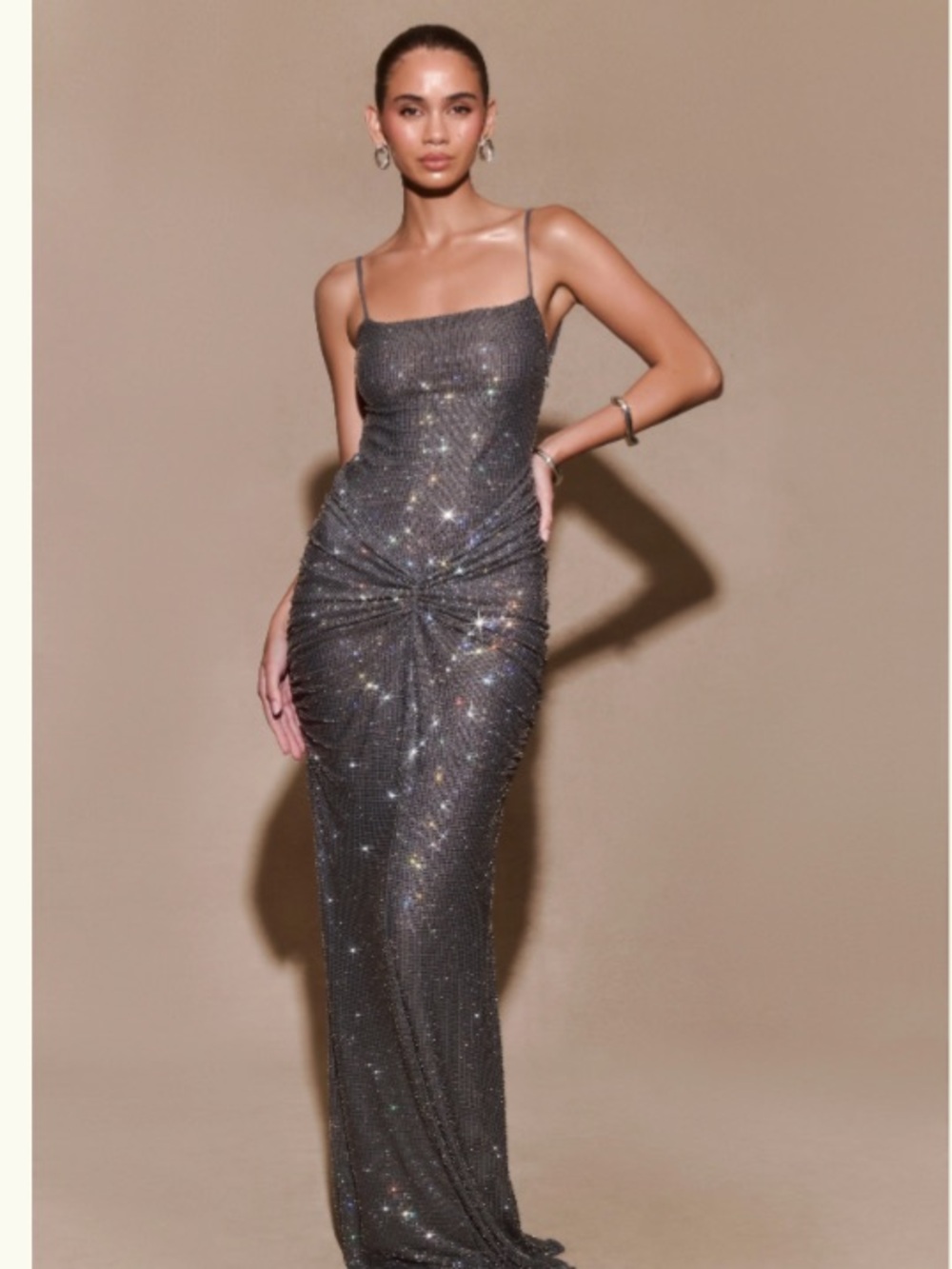 Meshki Gunmetal Diamante Maxi Dress with Strap Detail